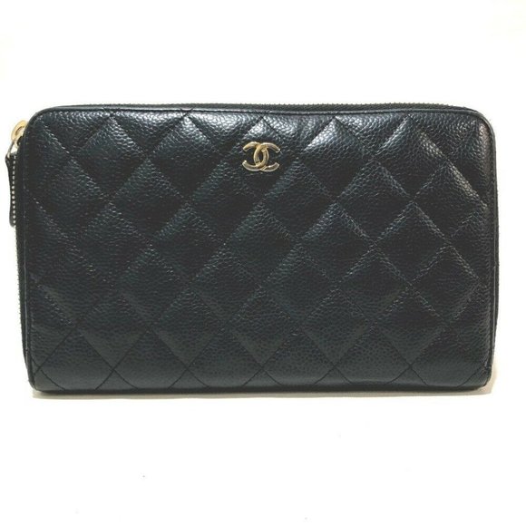 Authentic CHANEL A48982 CC Matelasse Zip Around Long Wallet Caviar Leather